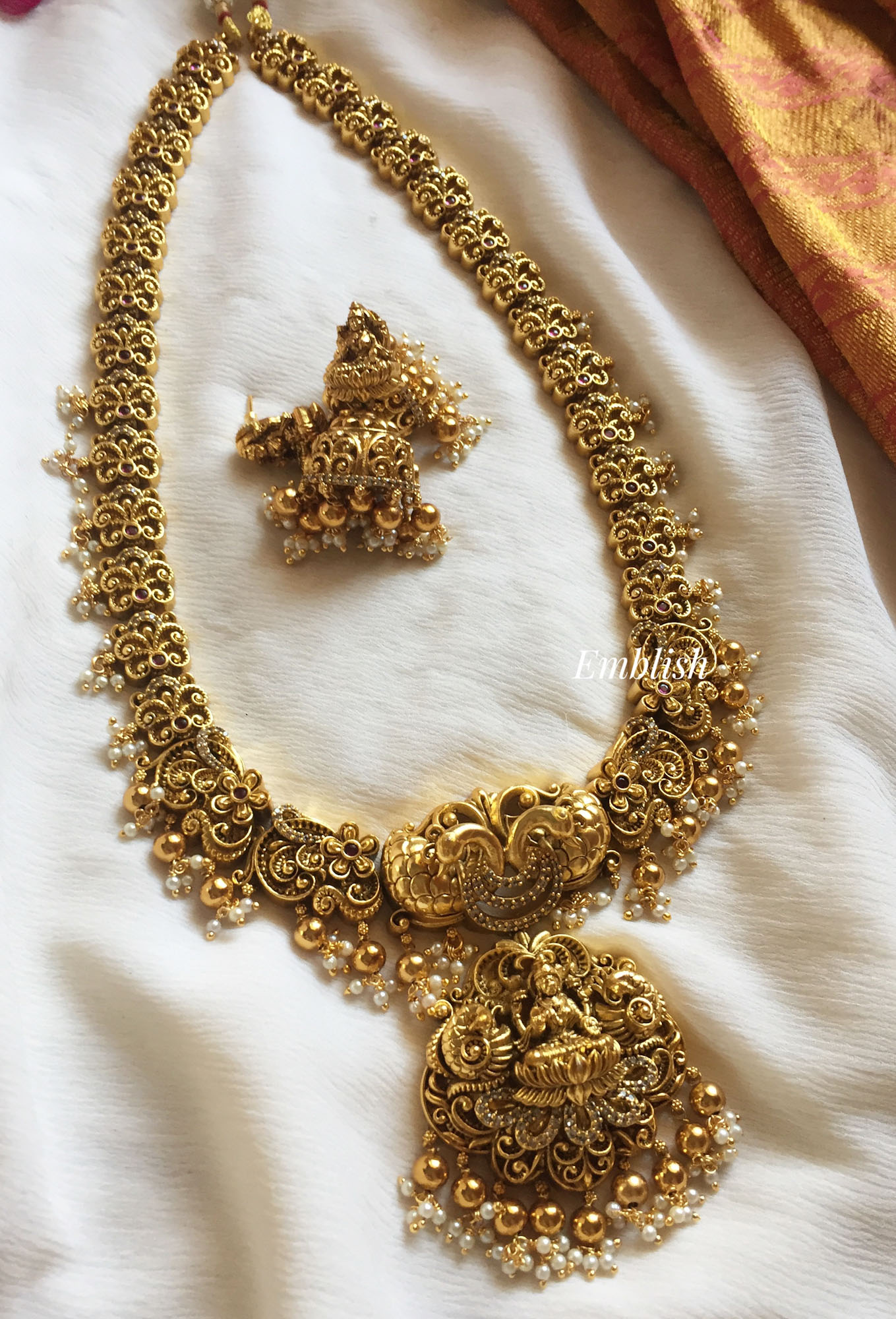 Antique 3D Lakshmi with Double Peacock Long Neckpiece - Gold Beads